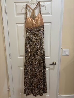 Leopard Print Evening Gown with Champagne Bodice and Sequin Trim